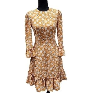 Eliza J Yellow Gold Floral Ruffles 3/4 Sleeved Lined Fit And Flare Dress Size 0